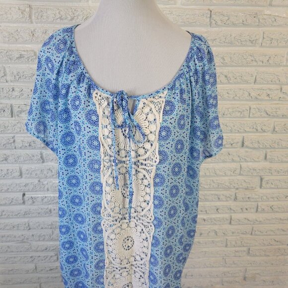 Woman Within Womens Top 2X Tunic Cap Sleeve Blue Geometric Crochet Sheer GEO229E - Picture 2 of 9